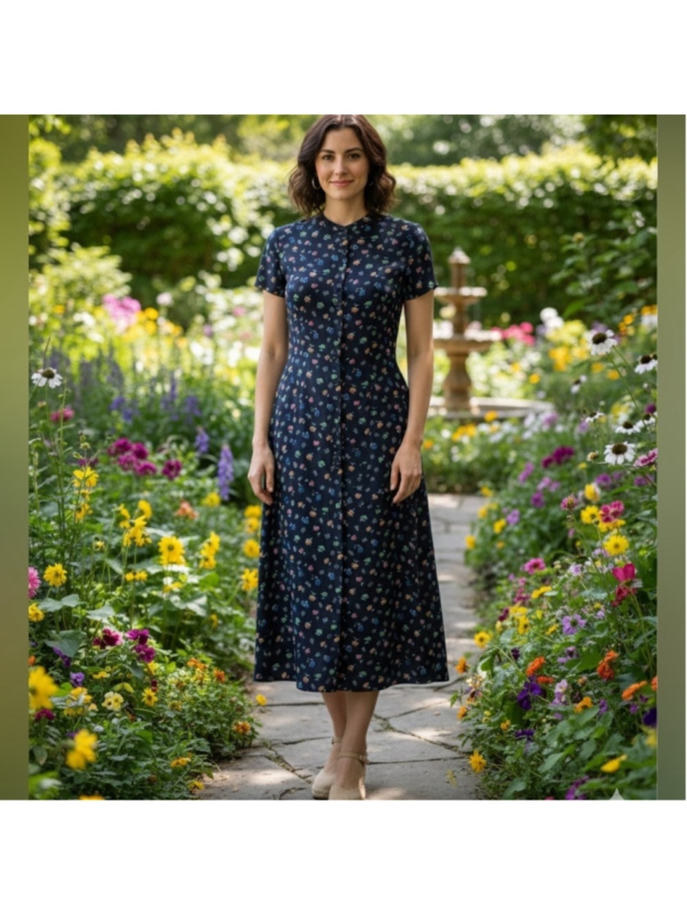VTG Eaton Essentials Navy Blue Floral Short Sleeve Button Front Crepe Dress 8/S